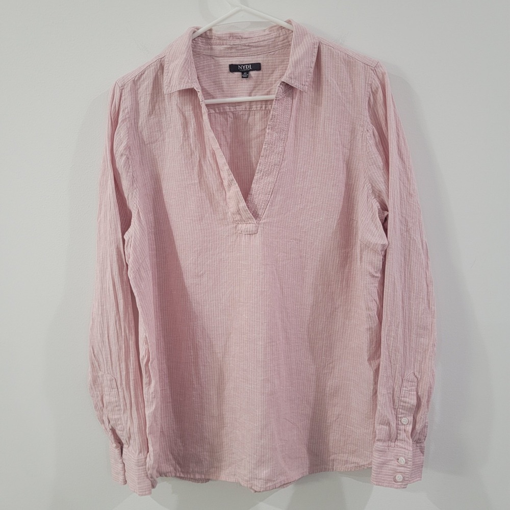 Nydj Womens Linen Top Size Medium Pink Striped Beach Coastal Euro Summer